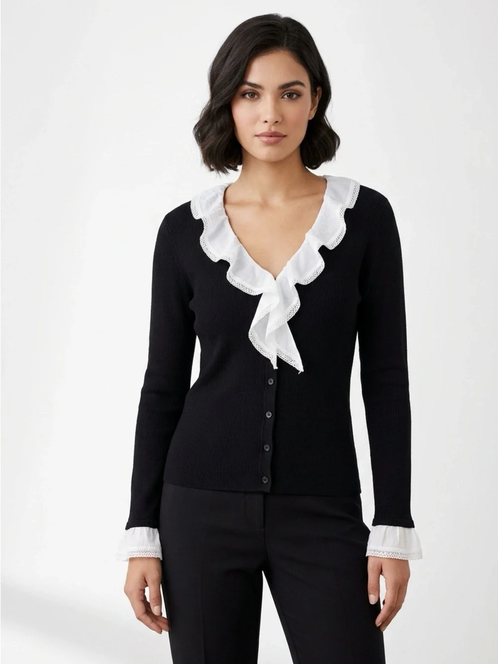 French Girl Coquette Silk Blend Cardigan Lace Ruffle Trim Whimsigoth Style PL